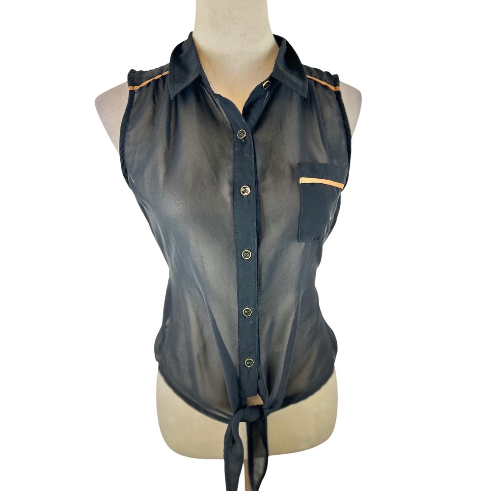 Mine‎ Sleeveless Tie Front Top Black Sheer Cutout Back Button Down Blouse SZ S